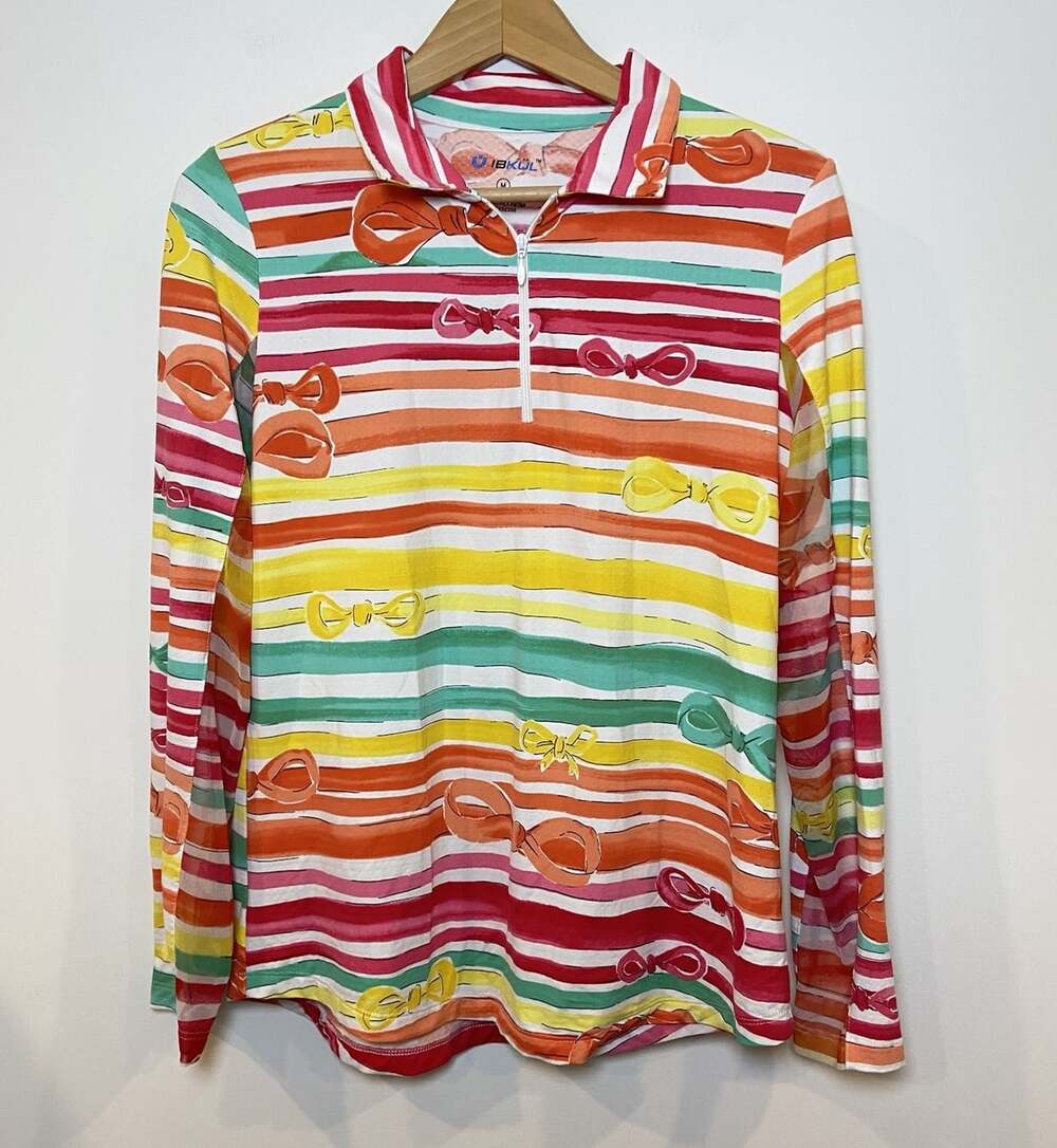 IBKUL 1/4 Zip Shirt Long Mesh Sleeve Multi Stripe Bows Medium M